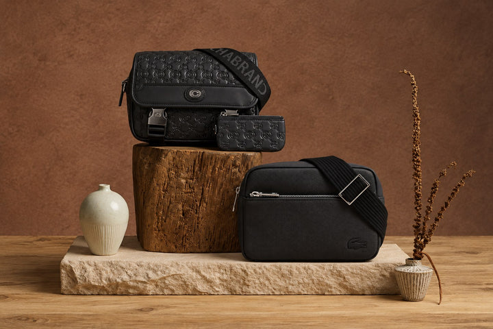 Sacoche Chabrand noire monogrammée et sacoche Lacoste noire posées sur une souche en bois et une pierre