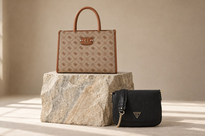 Cabas Guess monogramme beige et sac bandoulière Guess noir posés sur un bloc de pierre