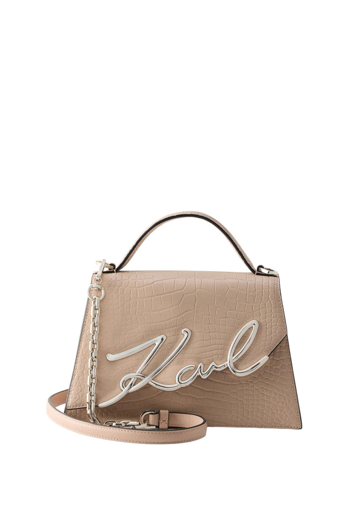 Karl Lagerfeld Sac Bandoulière Signature 2.0 Croco Medium Cuir Rose Nude