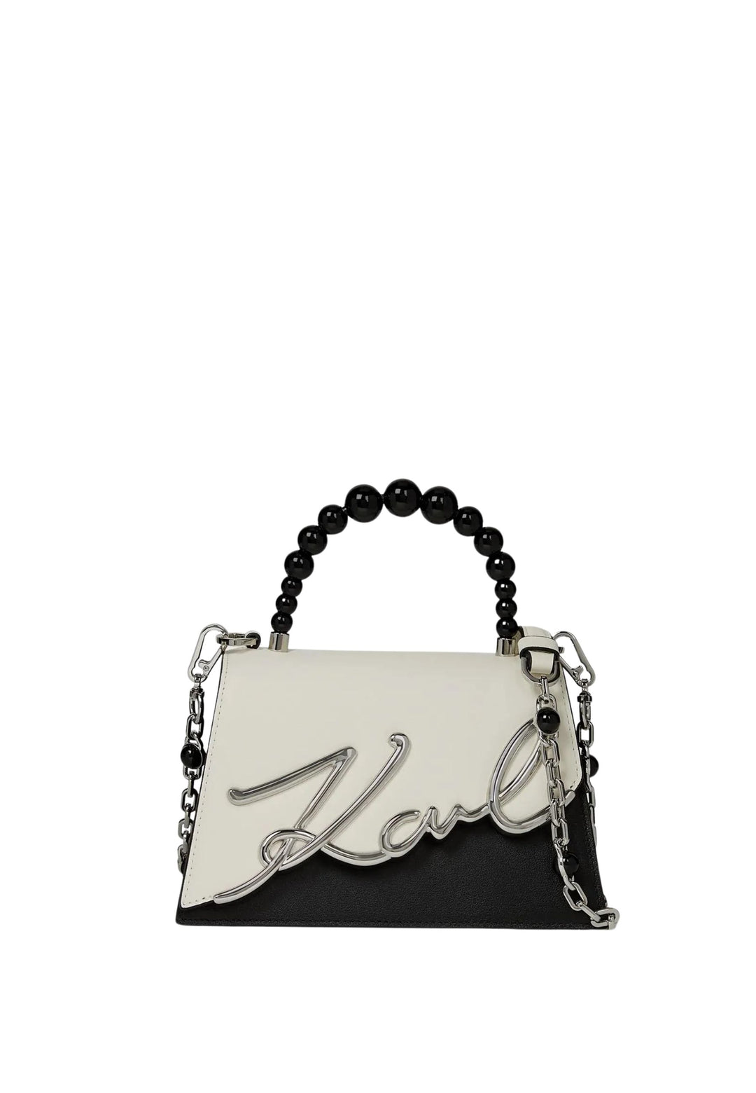 Karl Lagerfeld Sac Bandoulière Signature Perles Cuir Blanc & Noir