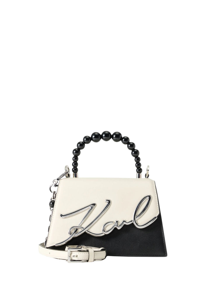 Karl Lagerfeld Sac Bandoulière Signature 2.0 Perles Cuir Noir & Blanc