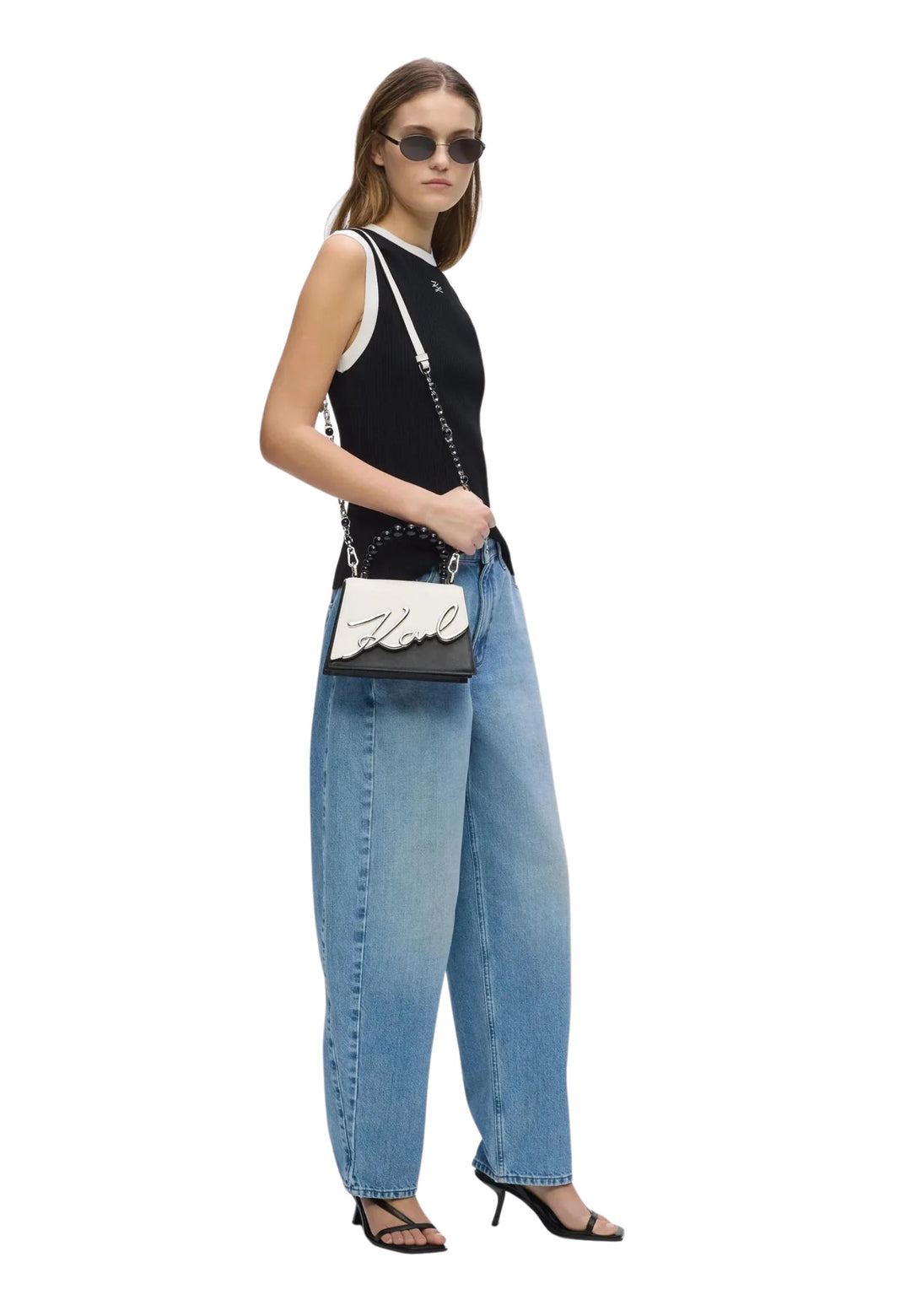 Karl Lagerfeld Sac Bandoulière Signature Perles Cuir Blanc & Noir