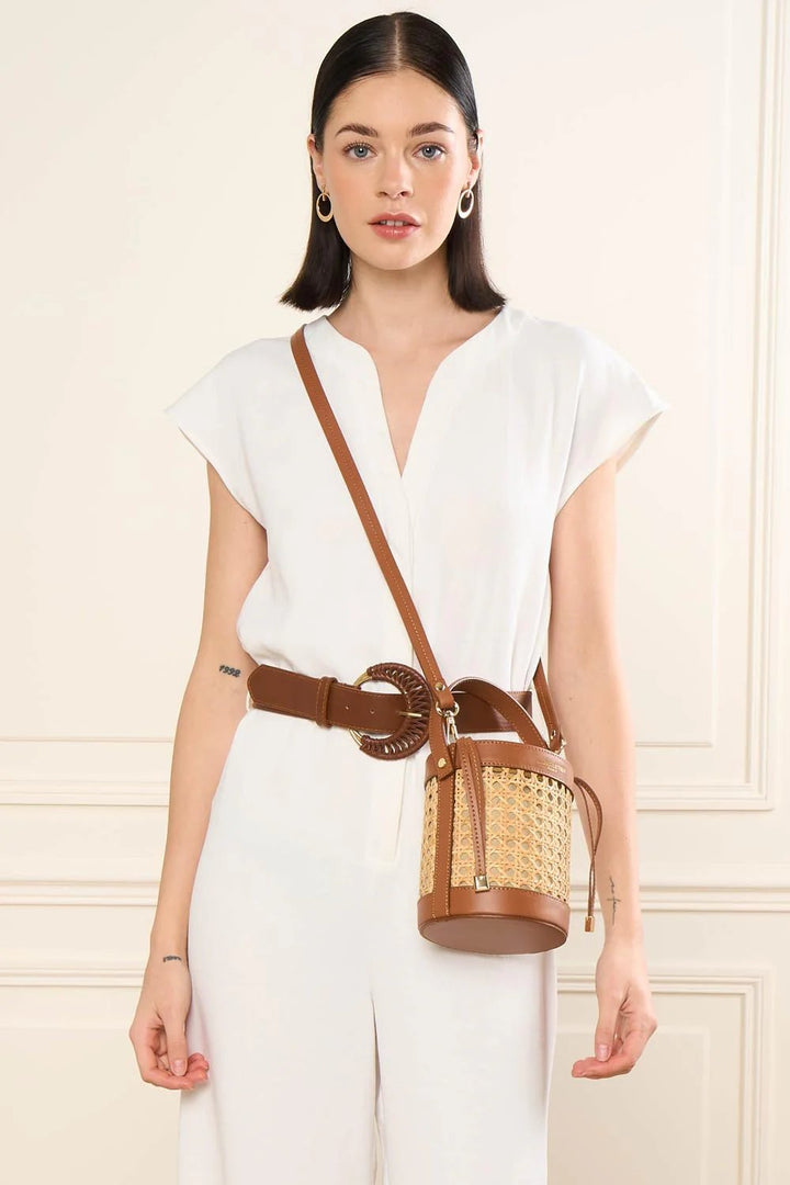 Lancaster Petit Sac Seau Cannage Rotin Cuir Camel