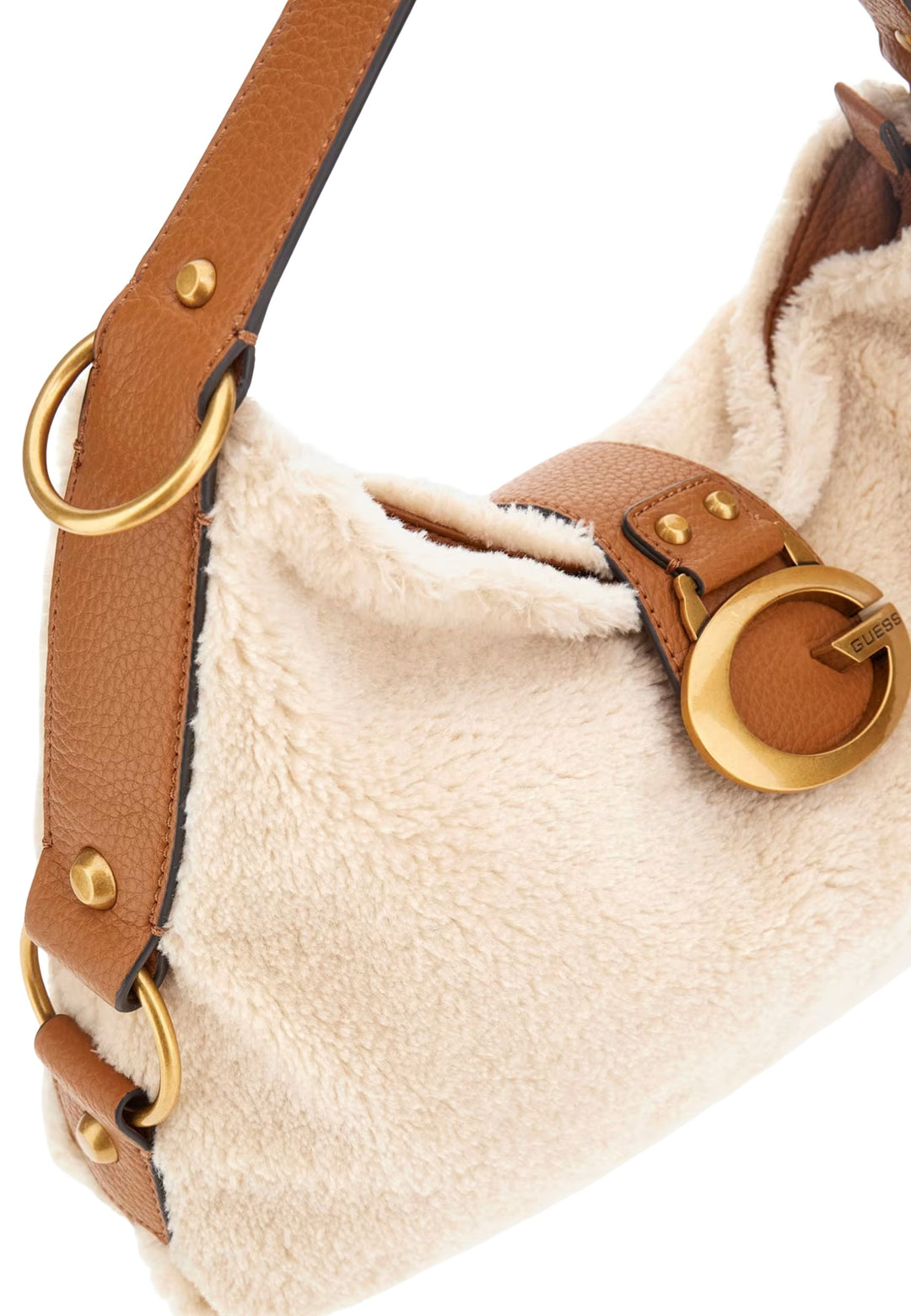 Guess Sak Samia mat Klapp-Schëllerbeutel Natur/Cognac WB930818