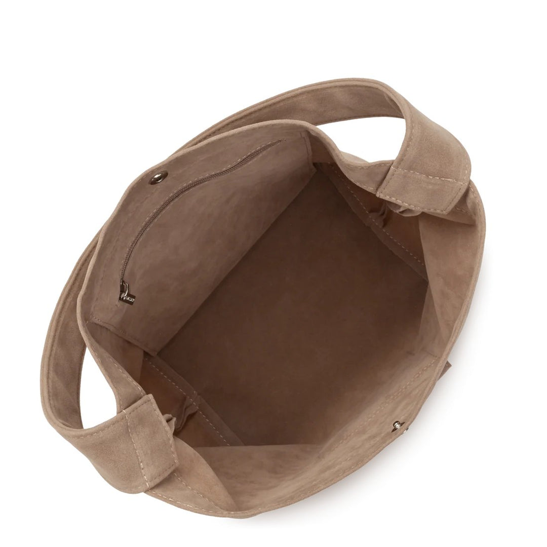 Lancaster Mini Suede Bucket Bag with Snap Dark Beige