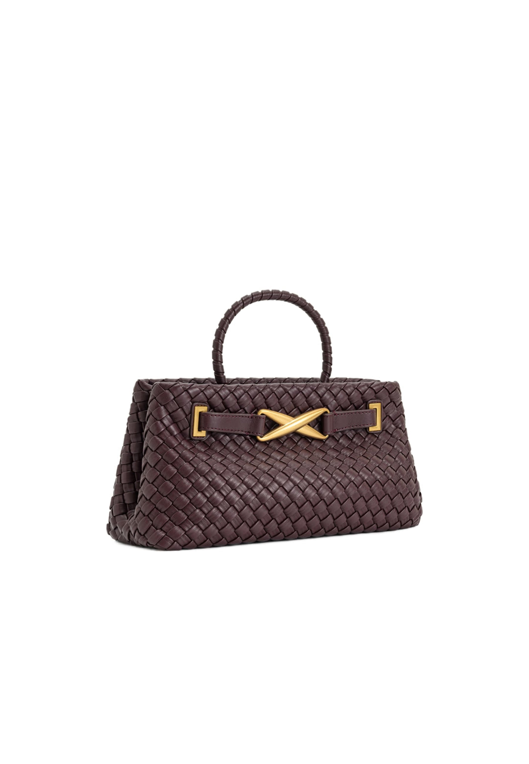 Sac cabas JW PEI Elora Deep Burgundy en simili cuir tressé, porté sur le côté, avec fermoir doré en forme de X