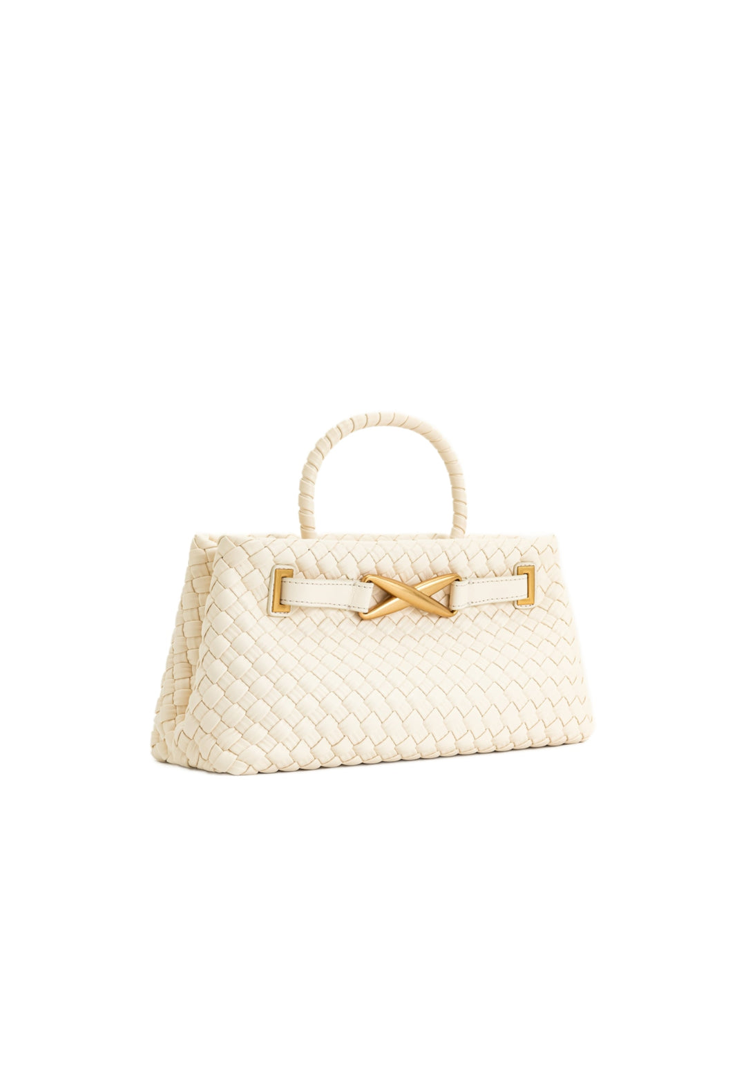 Cabas JW PEI Elora blanc en simili cuir tressé, avec fermoir doré en forme de X et anse torsadée.