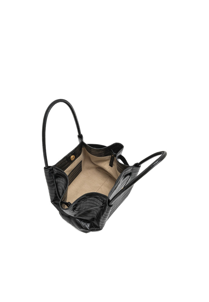 Cabas JW PEI Hana Black Croc noir, vue de dessus montrant l'intérieur doublé en polyester et une poche latérale