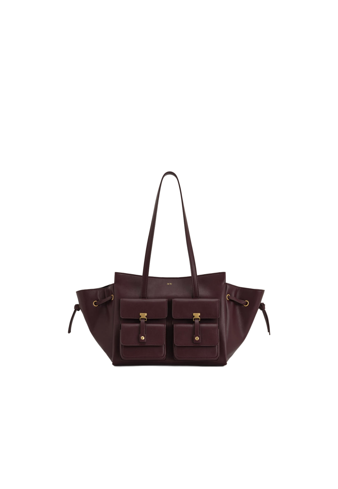 Cabas JW PEI Linda Deep Burgundy — vue de face, simili cuir lisse, avec deux poches plaquées à l'avant