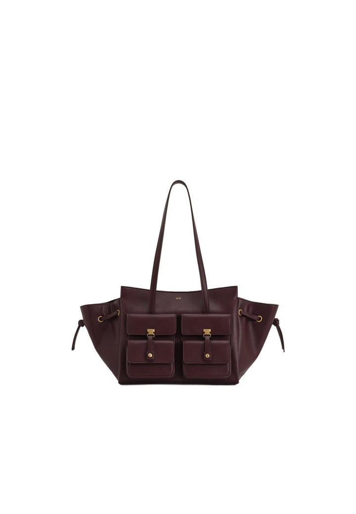 Cabas JW PEI Linda Deep Burgundy — vue de face, simili cuir lisse, avec deux poches plaquées à l'avant