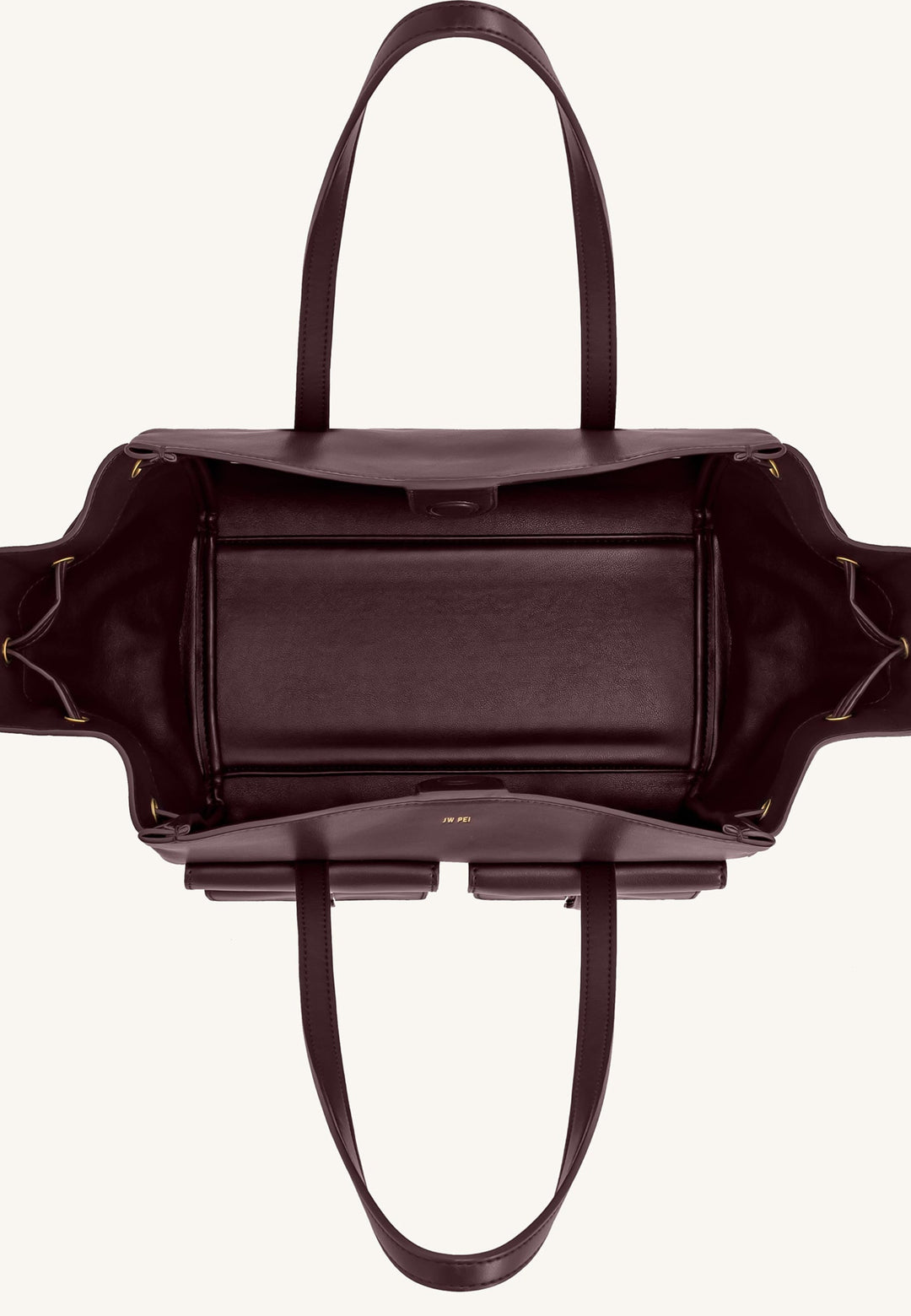 Cabas JW PEI Linda Deep Burgundy vu de dessus, ouvert, avec anses et détails intérieurs visibles