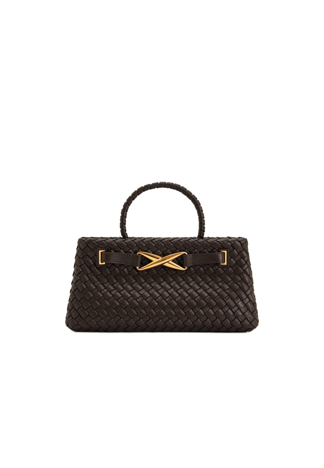 JW PEI Cabas / Shopping Elora Dark Brown — vue de face, cuir tressé marron foncé avec fermoir doré