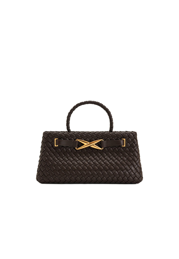 JW PEI Cabas / Shopping Elora Dark Brown — vue de face, cuir tressé marron foncé avec fermoir doré