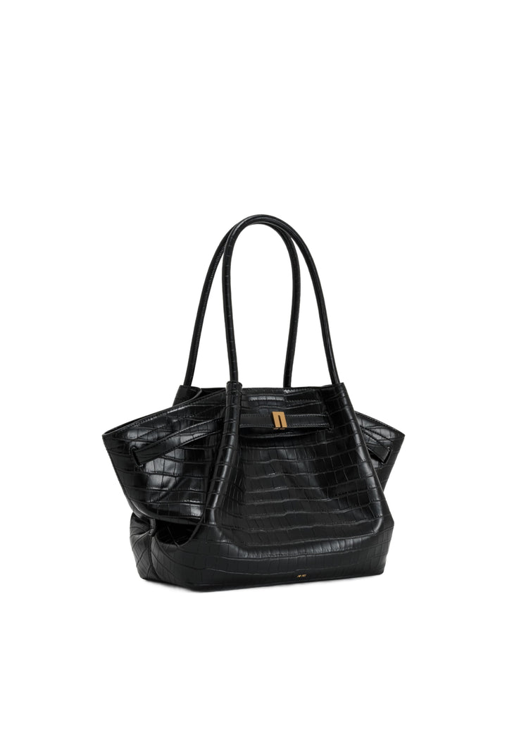 Cabas JW PEI Hana Black Croc, vue latérale, en simili cuir texturé façon croco noir, avec anses et fermoir doré.