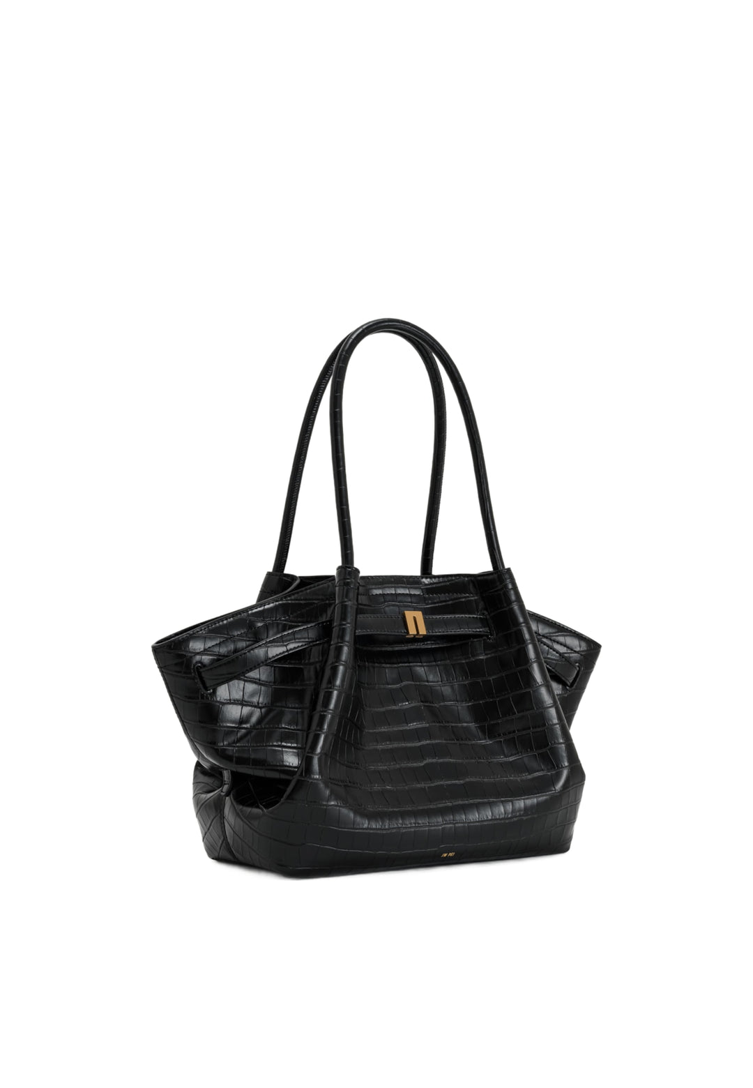 Cabas JW PEI Hana Black Croc, vue latérale, en simili cuir texturé façon croco noir, avec anses et fermoir doré.