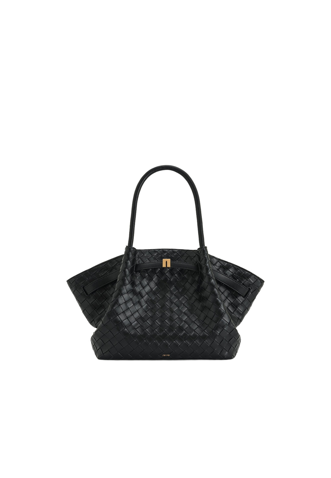 Cabas JW PEI Hana noir en simili cuir tressé, porté main, avec fermoir doré.