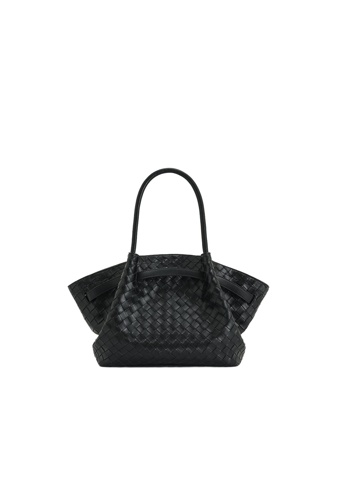 Cabas JW PEI Hana noir en simili cuir tressé, porté main ou épaule, avec fermeture magnétique.