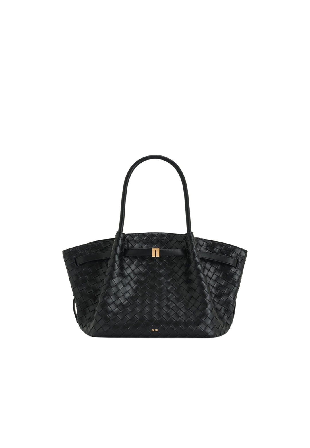 Cabas JW PEI Hana noir en simili cuir tressé, porté main ou épaule, avec fermoir doré.