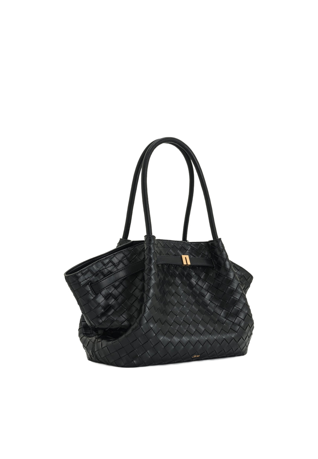 Cabas JW PEI Hana noir en simili cuir tressé, porté main, avec fermoir doré — vue de profil