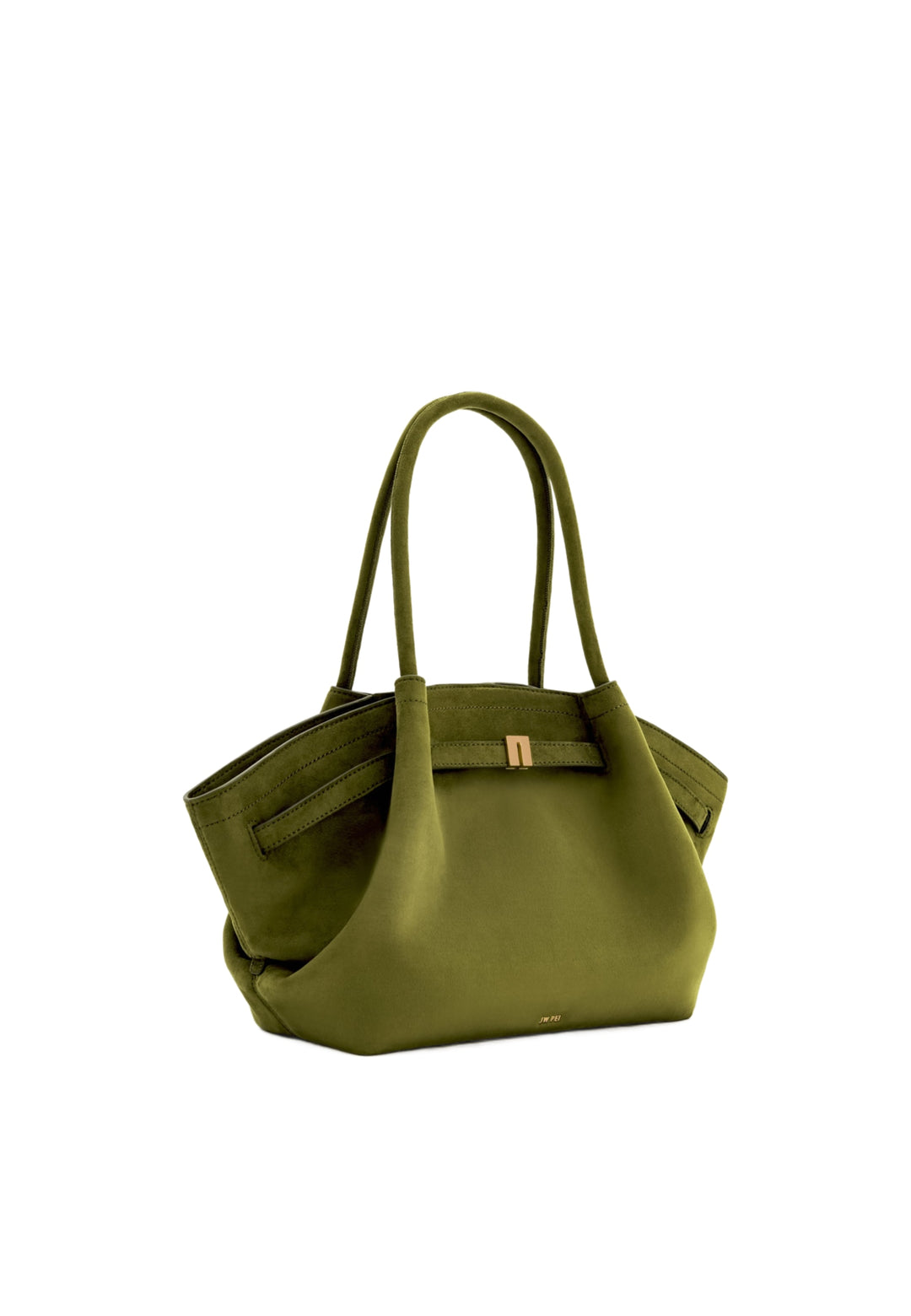Cabas JW PEI Hana Dark Olive porté main, vue de côté, avec fermeture à bouton pression dorée