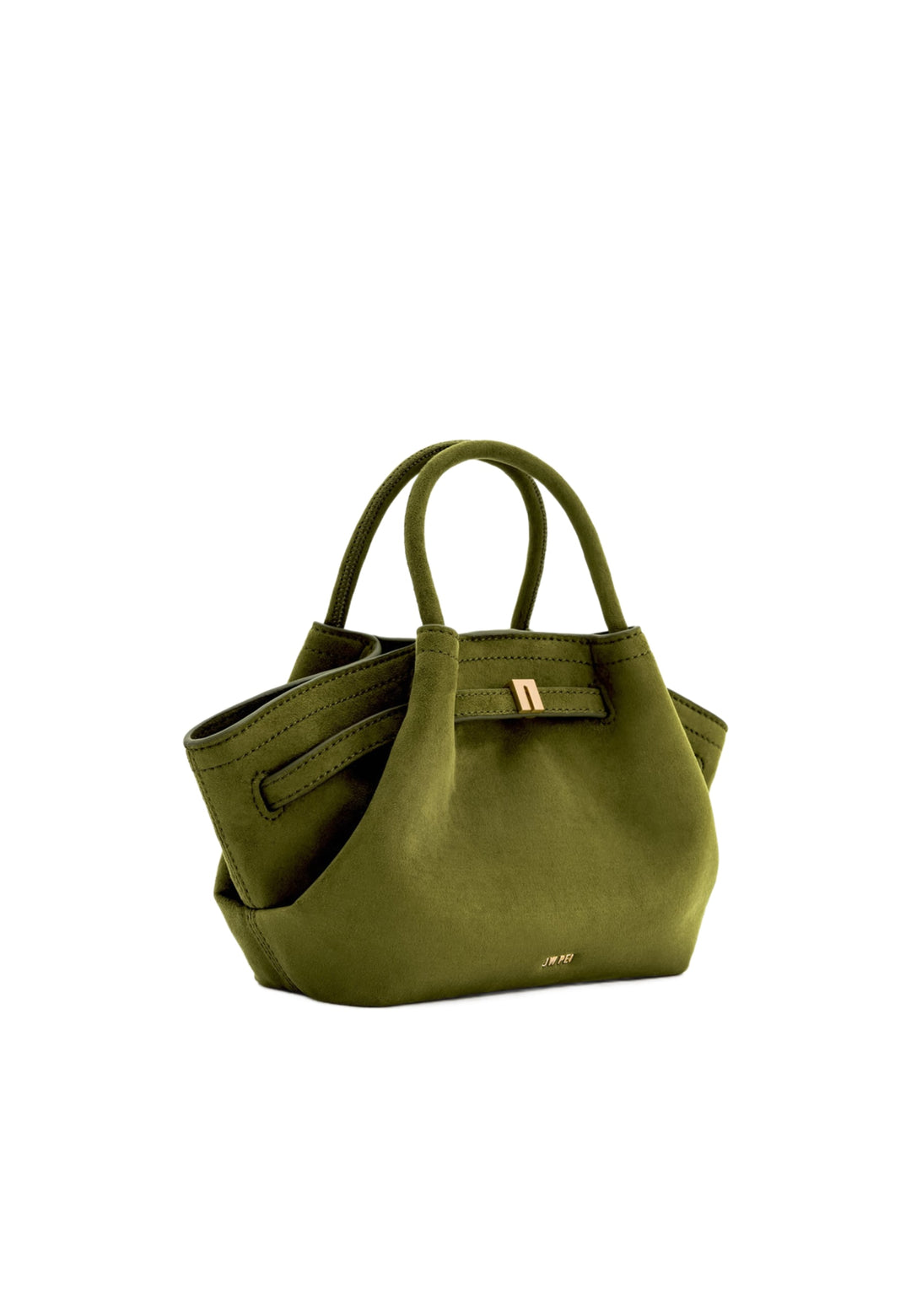 Cabas JW PEI Hana vert olive foncé en daim, porté à la main, avec une fermeture magnétique dorée.