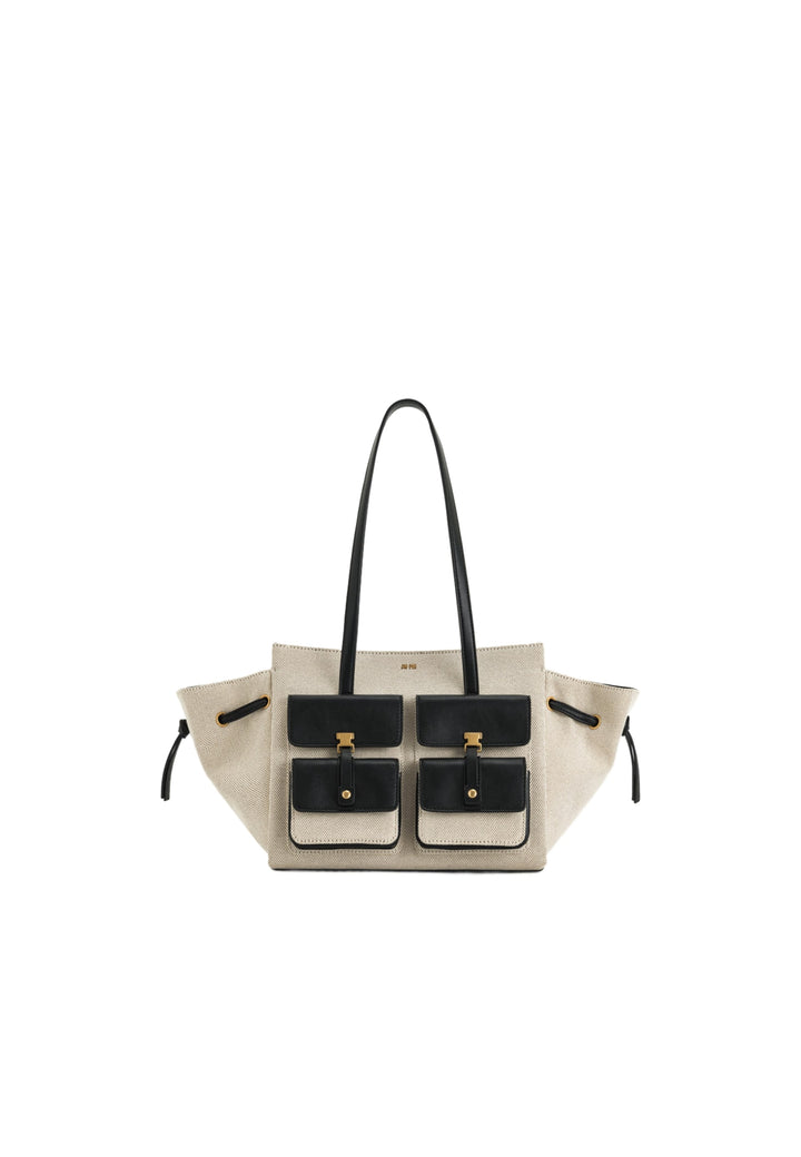 Cabas JW PEI Linda Black Canvas noir et beige avec quatre poches extérieures et deux anses noires.