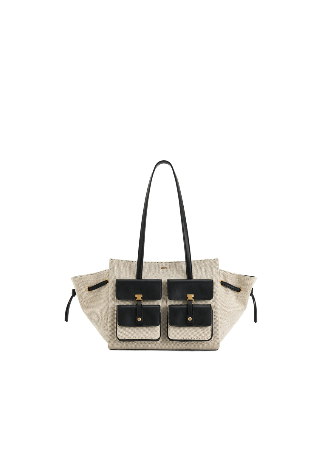 Cabas JW PEI Linda Black Canvas noir et beige avec quatre poches extérieures et deux anses noires.