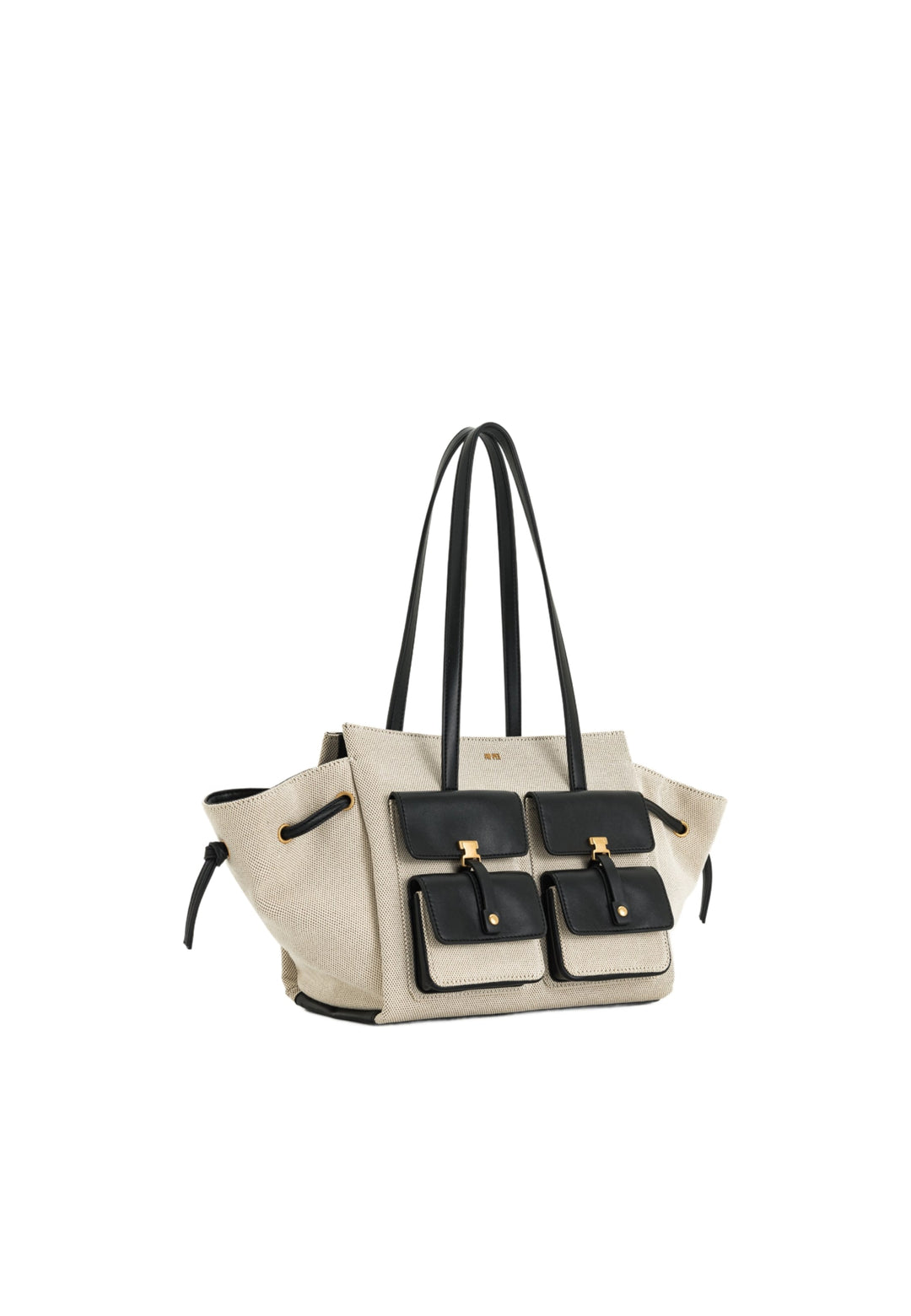 Cabas JW PEI Linda en toile noire avec détails en cuir noir et fermoirs dorés, porté main ou épaule.