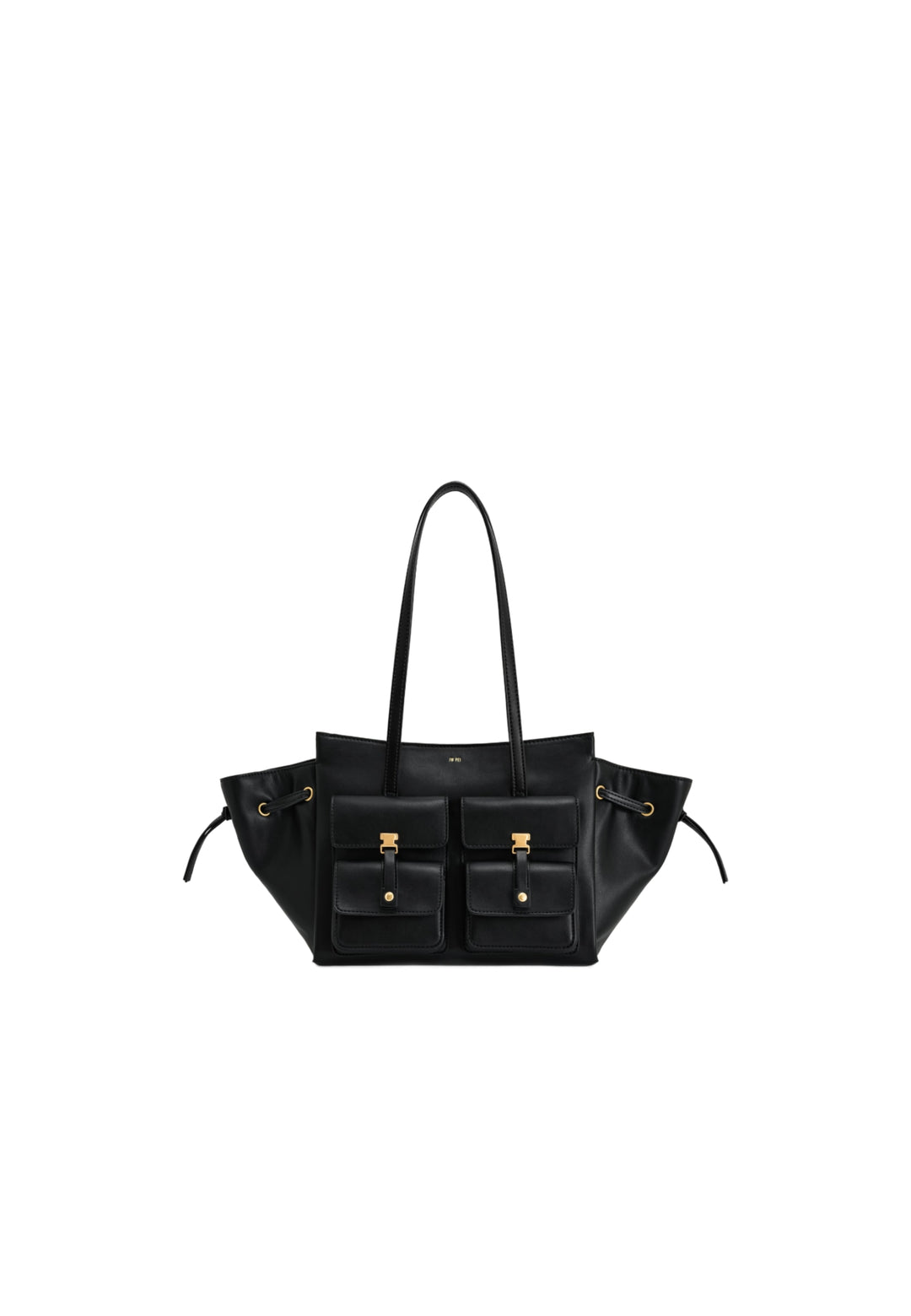 Cabas / Shopping JW PEI Linda noir en simili cuir, vu de face, avec deux poches plaquées à l'avant et des détails dorés.