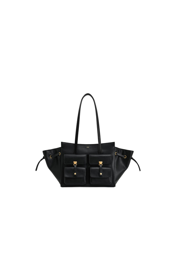 Cabas / Shopping JW PEI Linda noir en simili cuir, vu de face, avec deux poches plaquées à l'avant et des détails dorés.