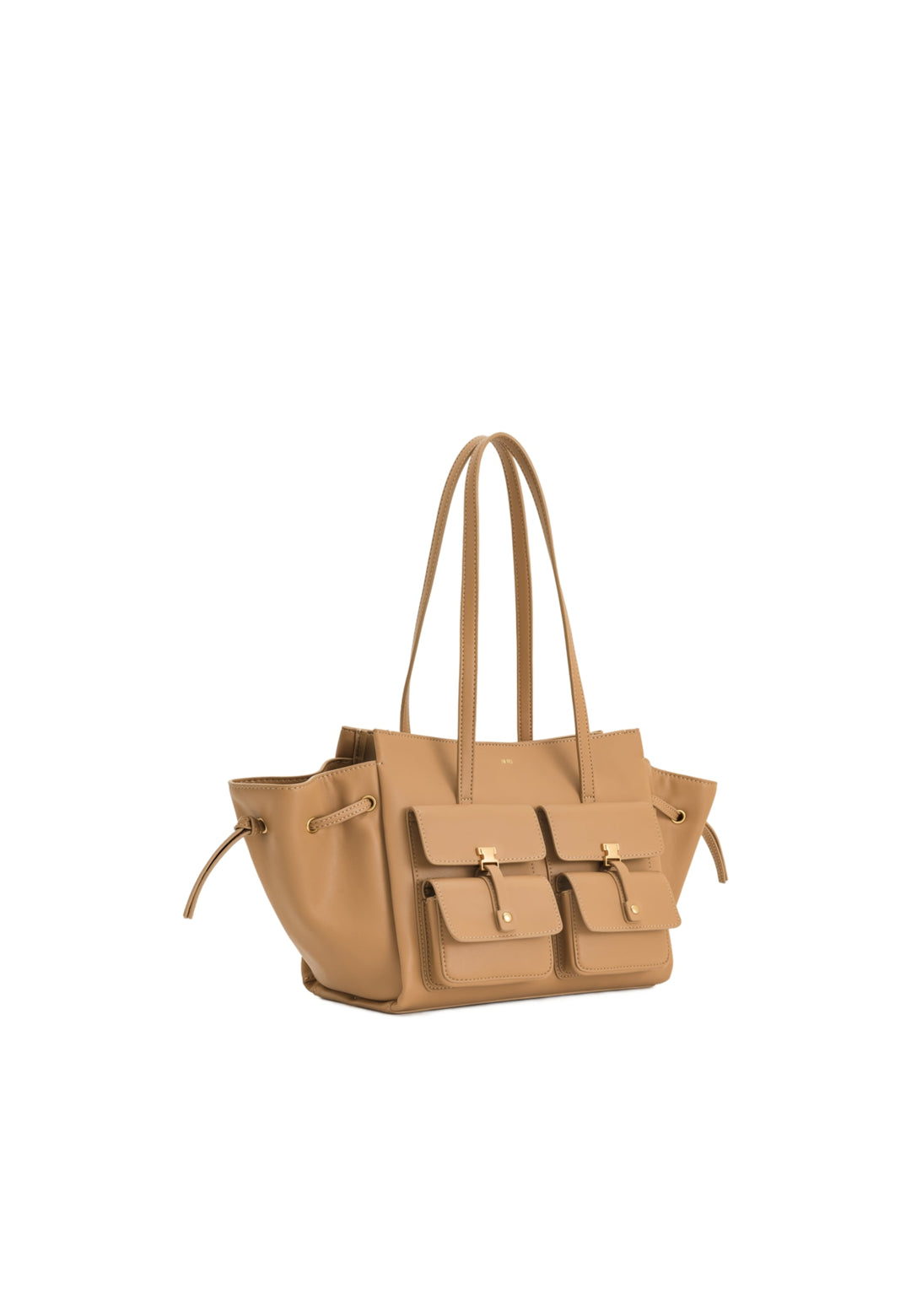 Cabas / Shopping JW PEI Linda Latte Color, en simili cuir beige, porté main ou épaule, avec poches plaquées et fermetures à clips.