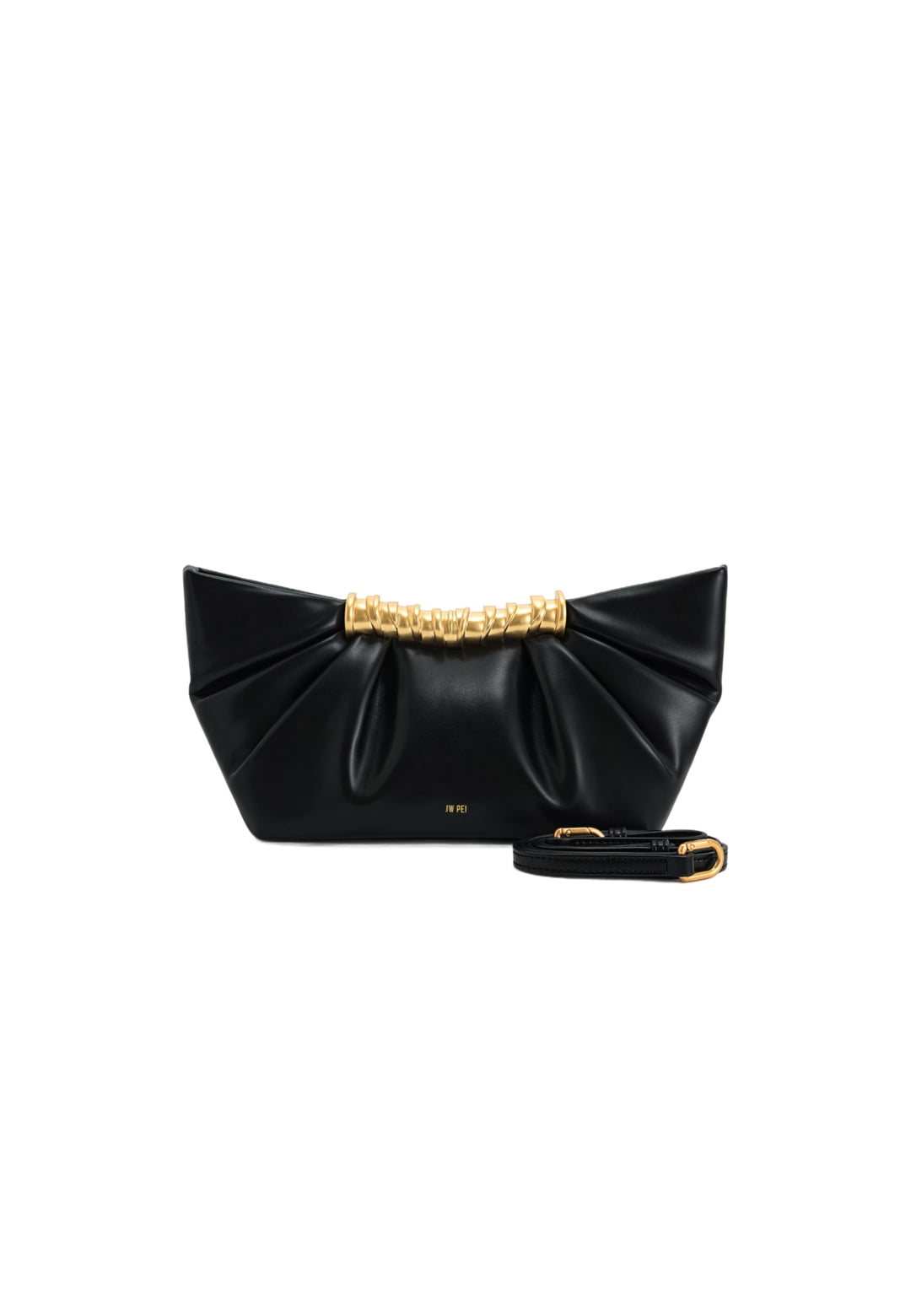 Pochette JW PEI Leia noire, vue de face, avec une fermeture dorée texturée et une bandoulière détachable.