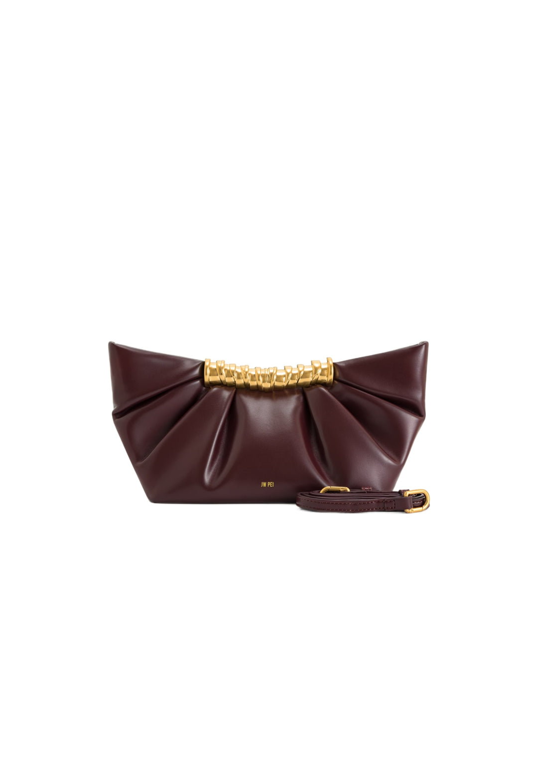 Pochette JW PEI Leia Deep Burgundy, simili cuir plissé, avec anse dorée et bandoulière amovible