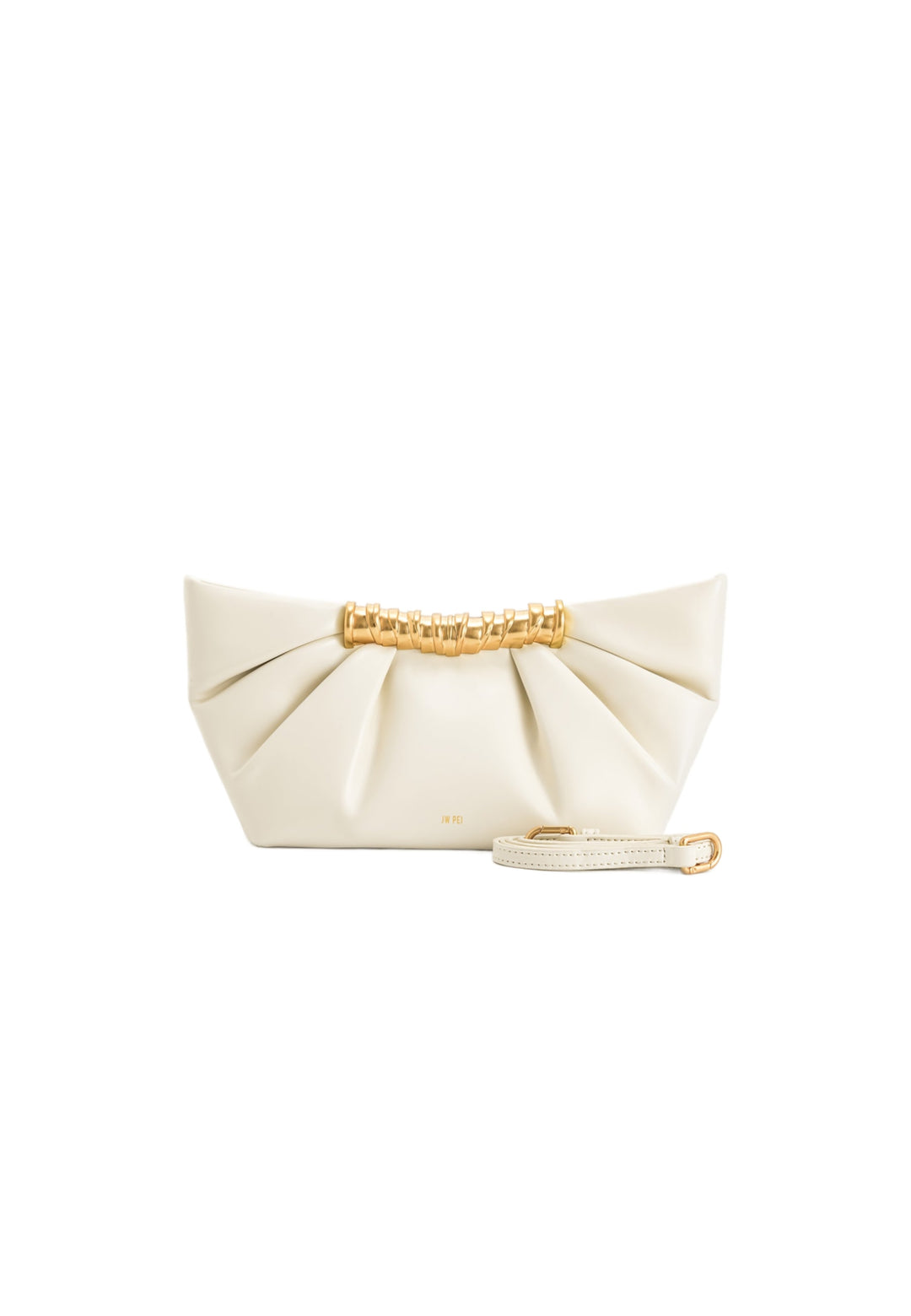 Pochette JW PEI Leia blanche avec bijou doré sur le dessus et une petite dragonne