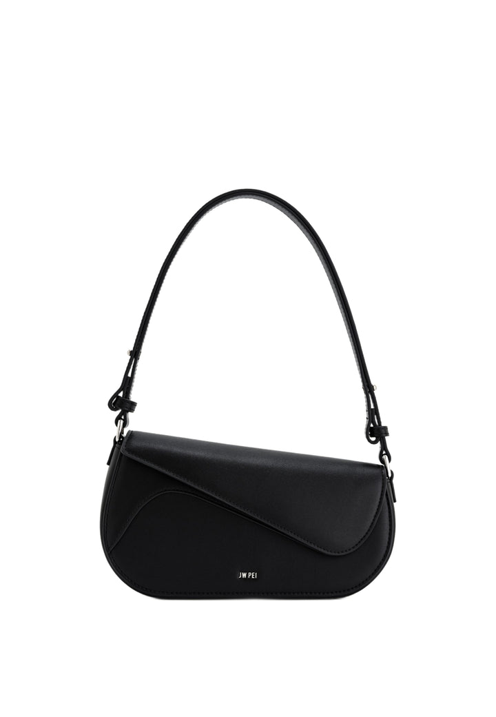 Sac bandoulière JW PEI Addisyn noir, porté à l'épaule, avec fermeture à clips et logo discret