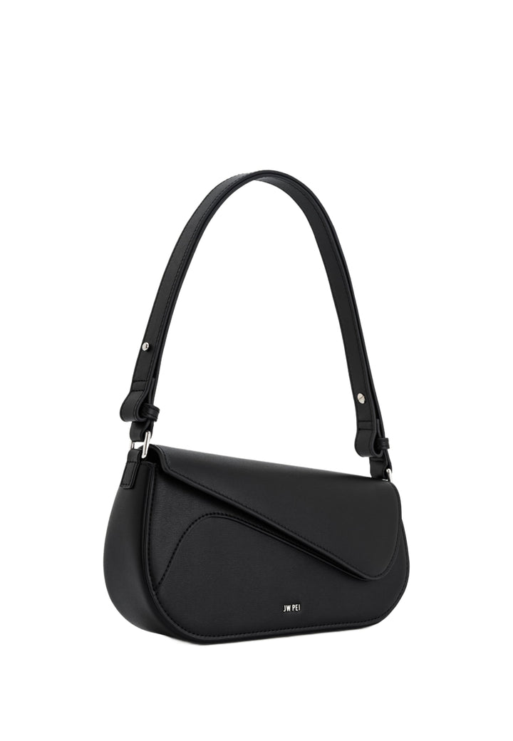 Sac bandoulière JW PEI Addisyn noir en simili cuir, porté à l'épaule, vue de profil