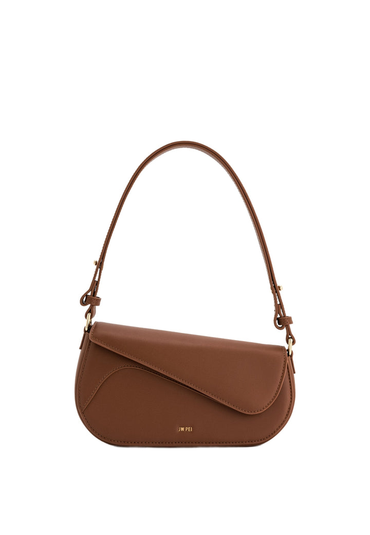 Sac bandoulière JW PEI Addisyn marron, simili cuir lisse, porté épaule, fermeture à clips.