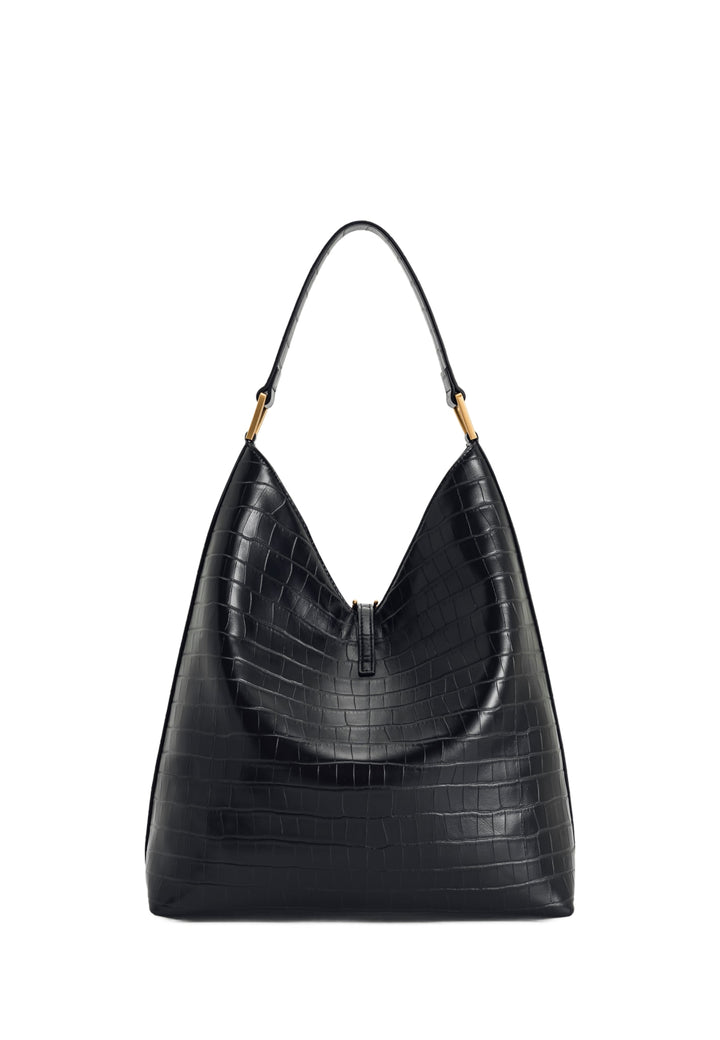 Sac bandoulière JW PEI Aria noir effet croco, porté épaule, vue 3/4