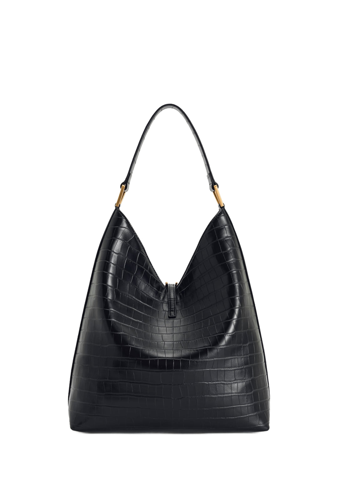 Sac bandoulière JW PEI Aria noir effet croco, porté épaule, vue 3/4