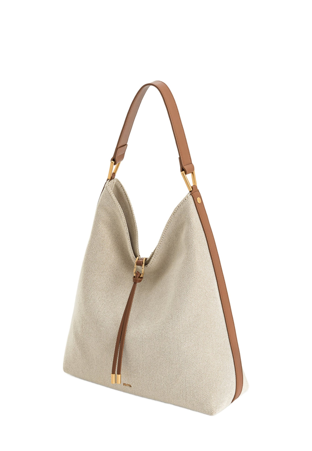 Sac bandoulière JW PEI Aria en toile marron, porté à l'épaule, avec détails en cuir marron et fermeture à boucle.