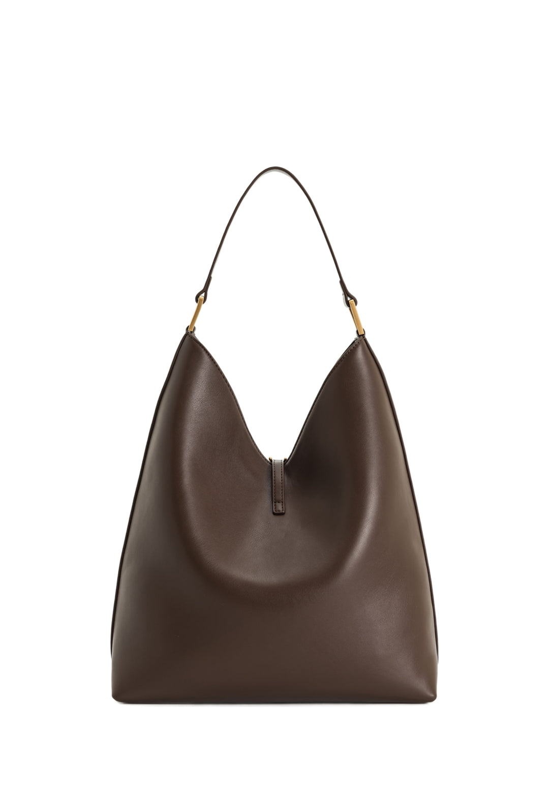 Sac bandoulière JW PEI Aria Dark Brown porté à l'épaule, vue de 3/4, simili cuir
