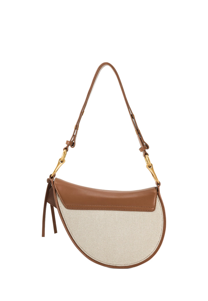 Sac bandoulière JW PEI Ashile en toile marron, vue 3/4, avec détails en cuir marron et quincaillerie dorée