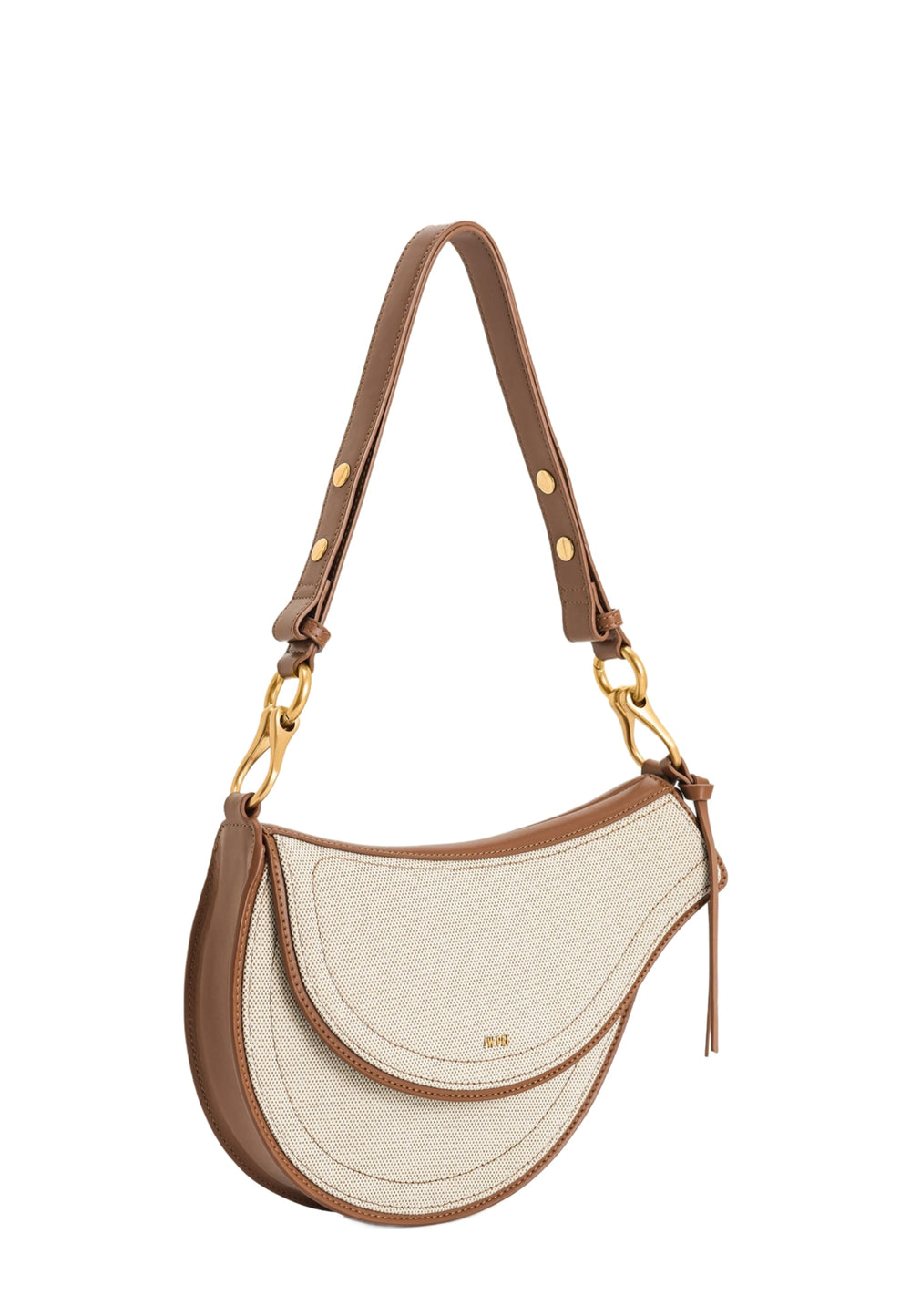 Sac bandoulière JW PEI Ashile en toile marron, porté à l'épaule, avec détails en cuir et fermoir doré.
