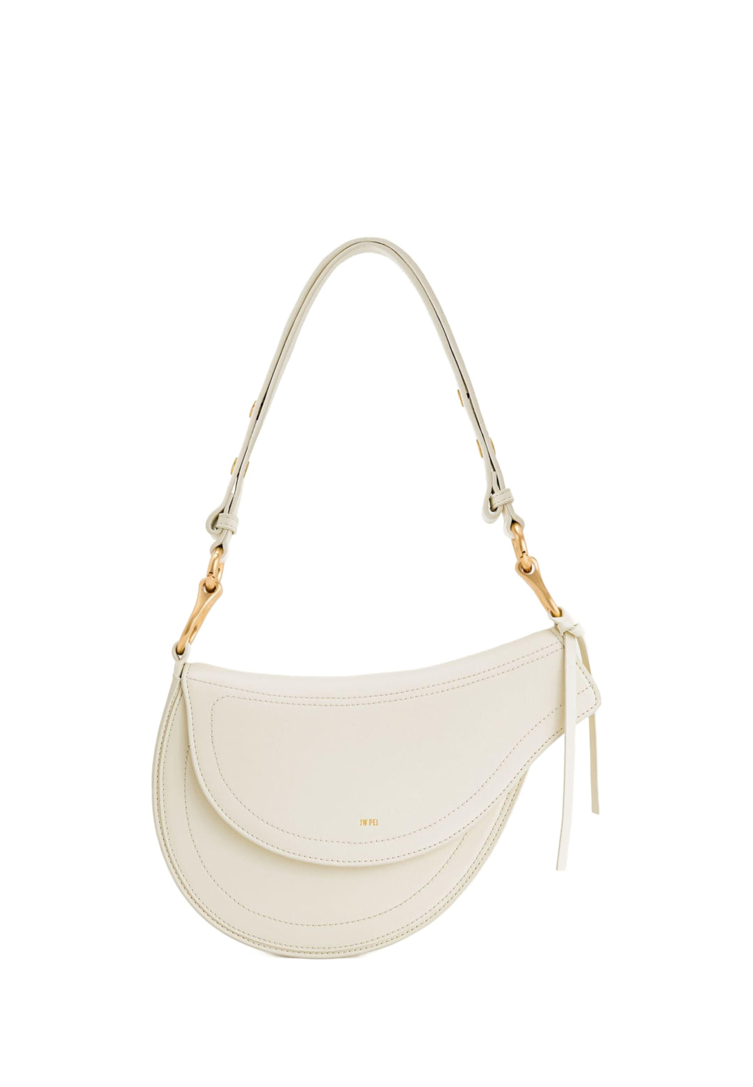 Sac bandoulière JW PEI Ashile blanc — vue de face, simili cuir avec coutures contrastantes et logo doré