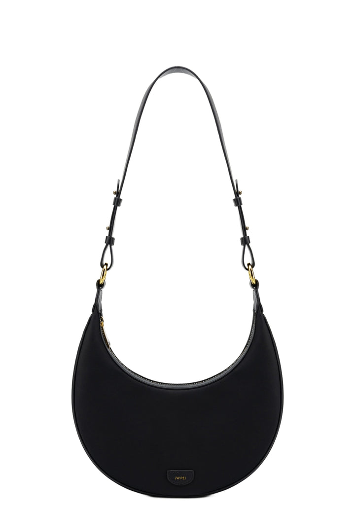 Sac bandoulière JW PEI Carly noir et doré, porté à l'épaule, fermeture zippée, logo JW PEI discret