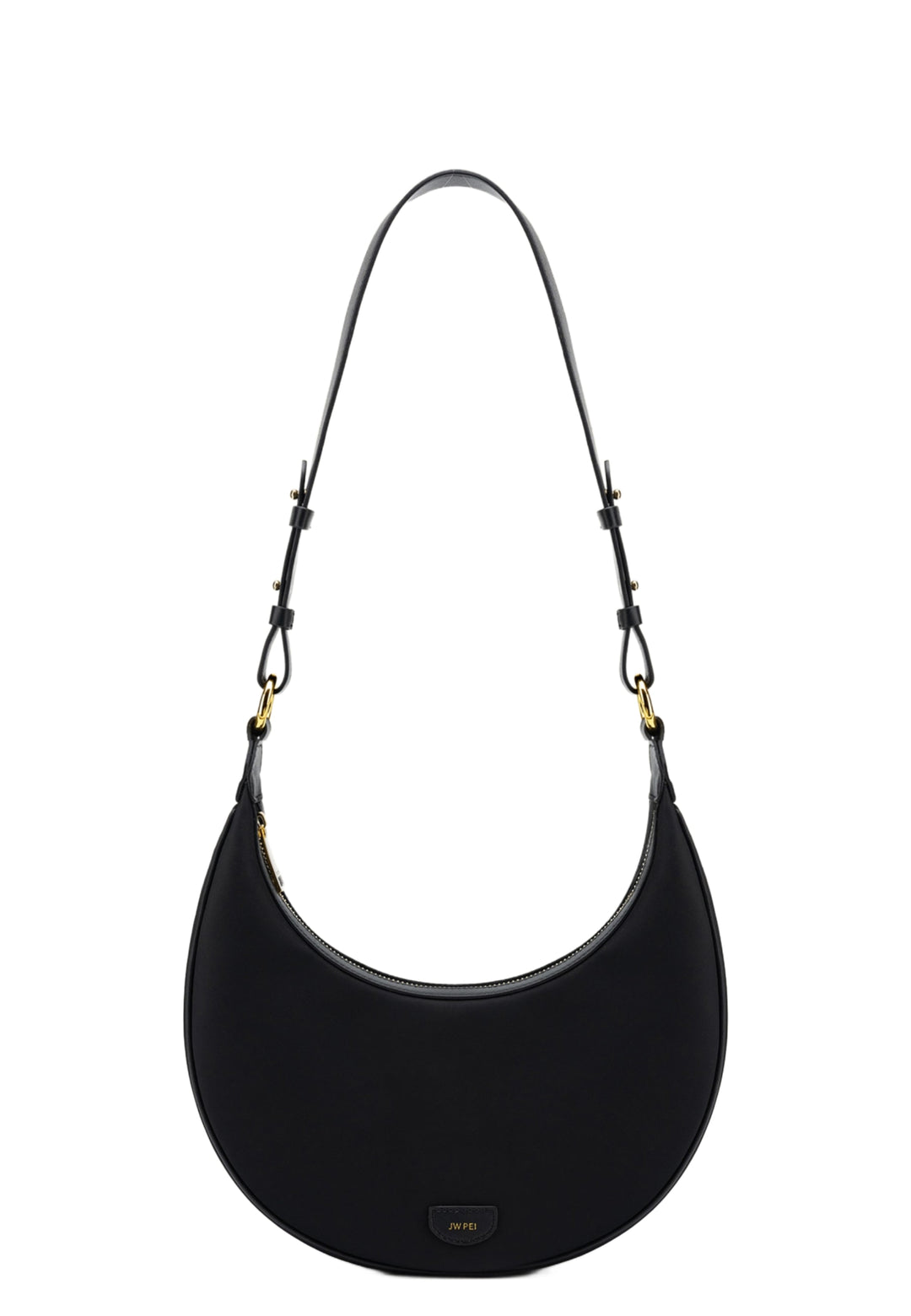 Sac bandoulière JW PEI Carly noir et doré, porté à l'épaule, fermeture zippée, logo JW PEI discret