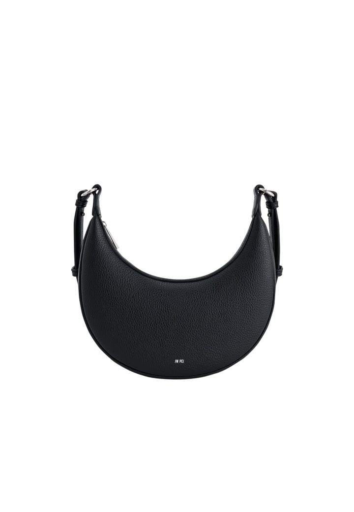 Sac bandoulière JW PEI Carly noir nickel, porté épaule, fermeture magnétique, simili cuir texturé