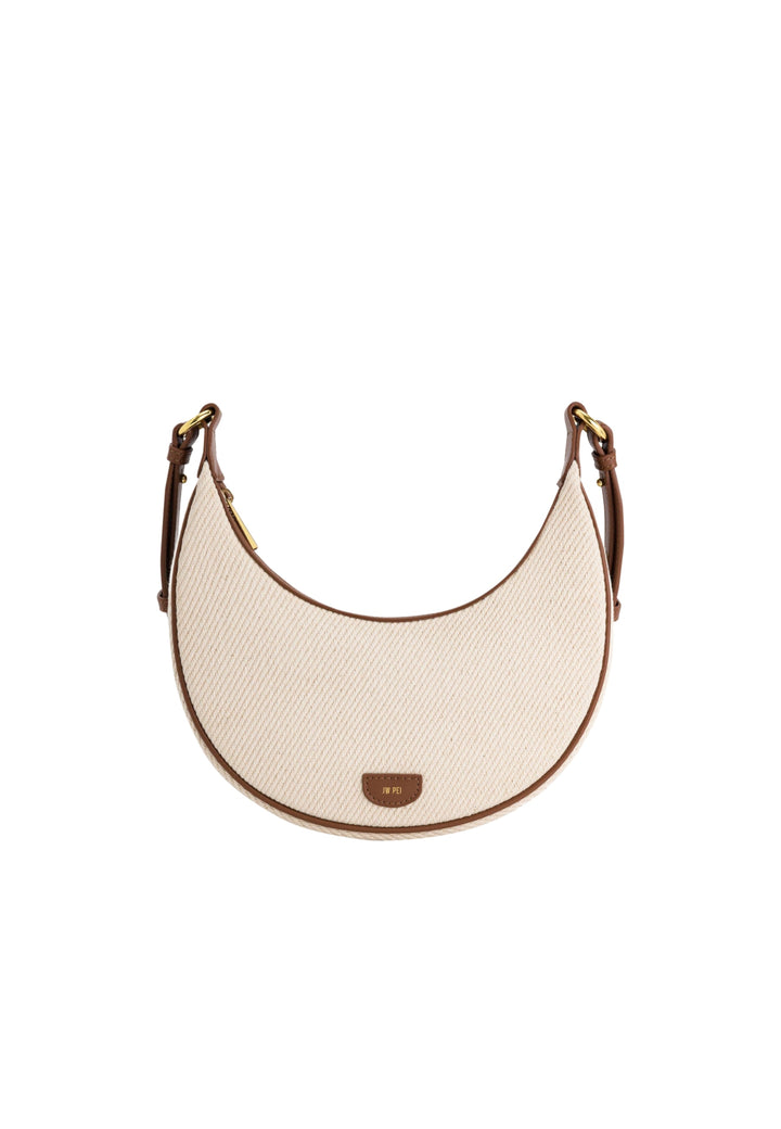 Sac bandoulière JW PEI Carly en toile marron, forme croissant, avec détails en cuir marron et logo JW PEI