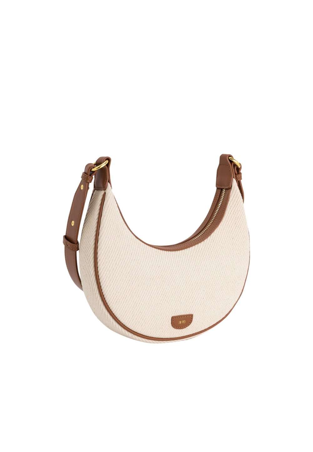 Sac bandoulière JW PEI Carly en toile marron, vu de profil, avec garnitures en cuir marron et fermeture zippée