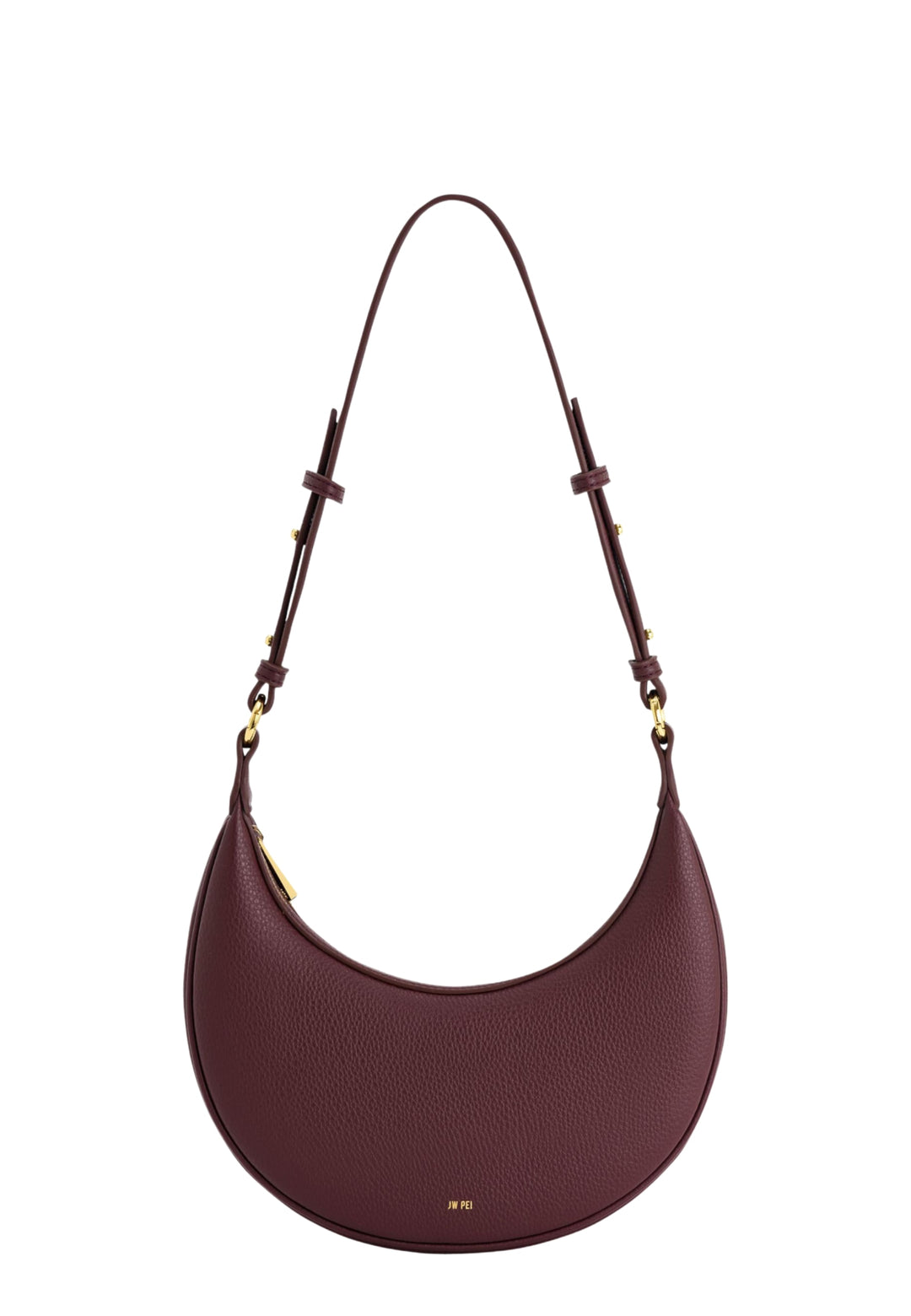 Sac bandoulière JW PEI Carly Deep Claret, en simili cuir grainé, porté à l'épaule, vue de face
